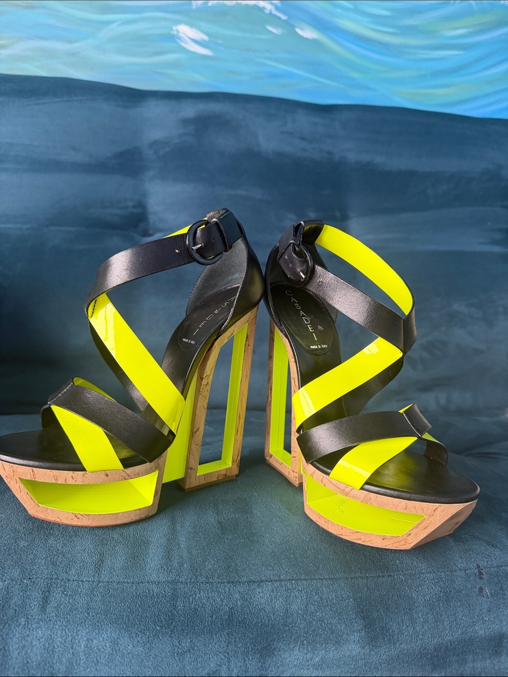 Casadei Neon Yellow & Black Strappy Platform Sandals